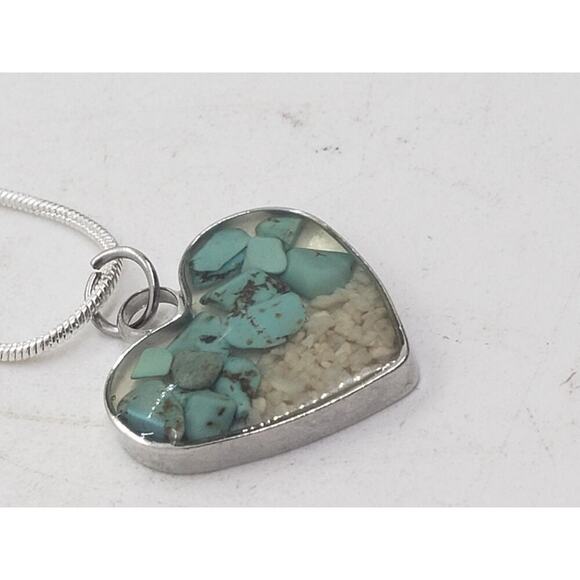 Heart Shaped Pendant Necklace Silver with Turquoise Chip & Beach Sand Inlay - Picture 10 of 14